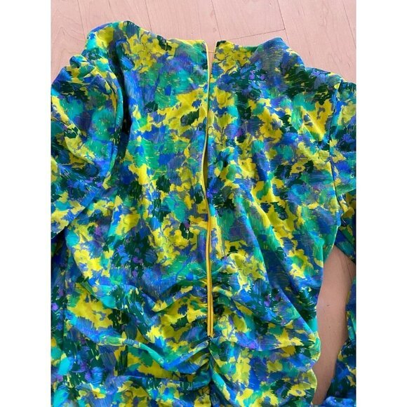 GANNI Ruched Mesh mini dress womens yellow green "Sulphur" dress sz 36 *Zip flaw - Picture 7 of 8